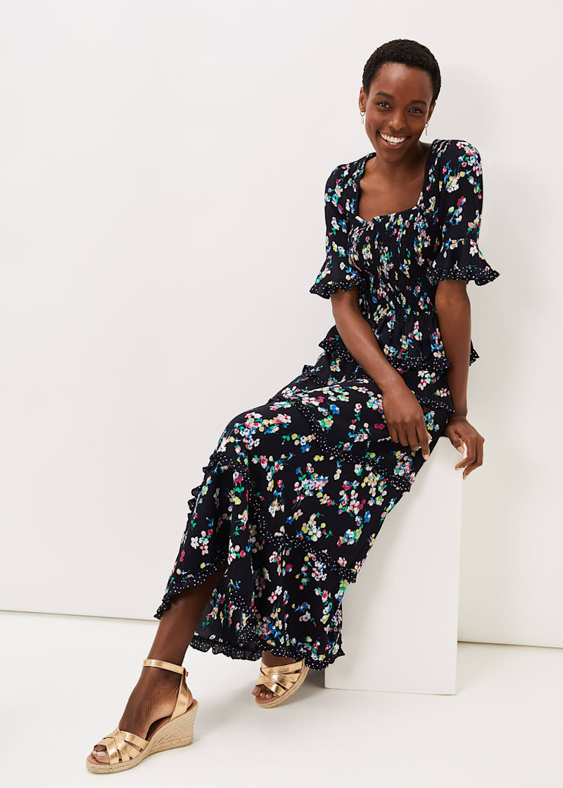 Black dress with floral skirt store