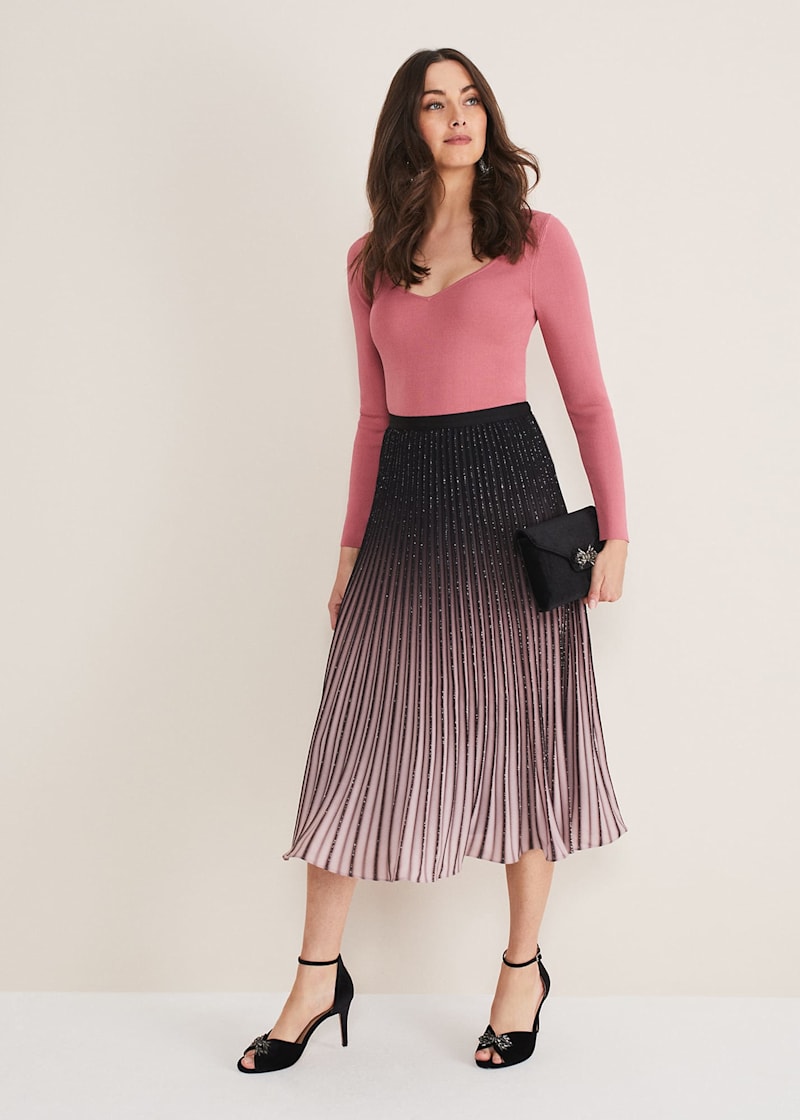 Pink ombre velvet clearance pleated midi skirt