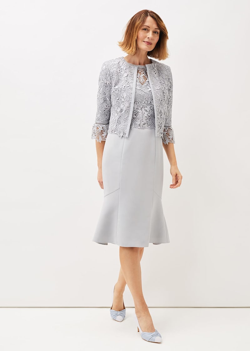 Silver grey lace jacket www.together.co.uk #weddingguestoutfit