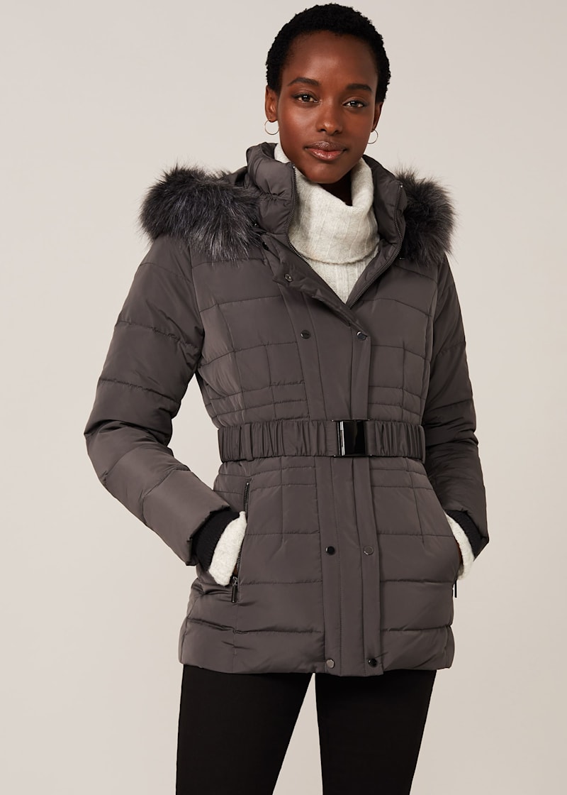 Short padded coat discount with fur hood