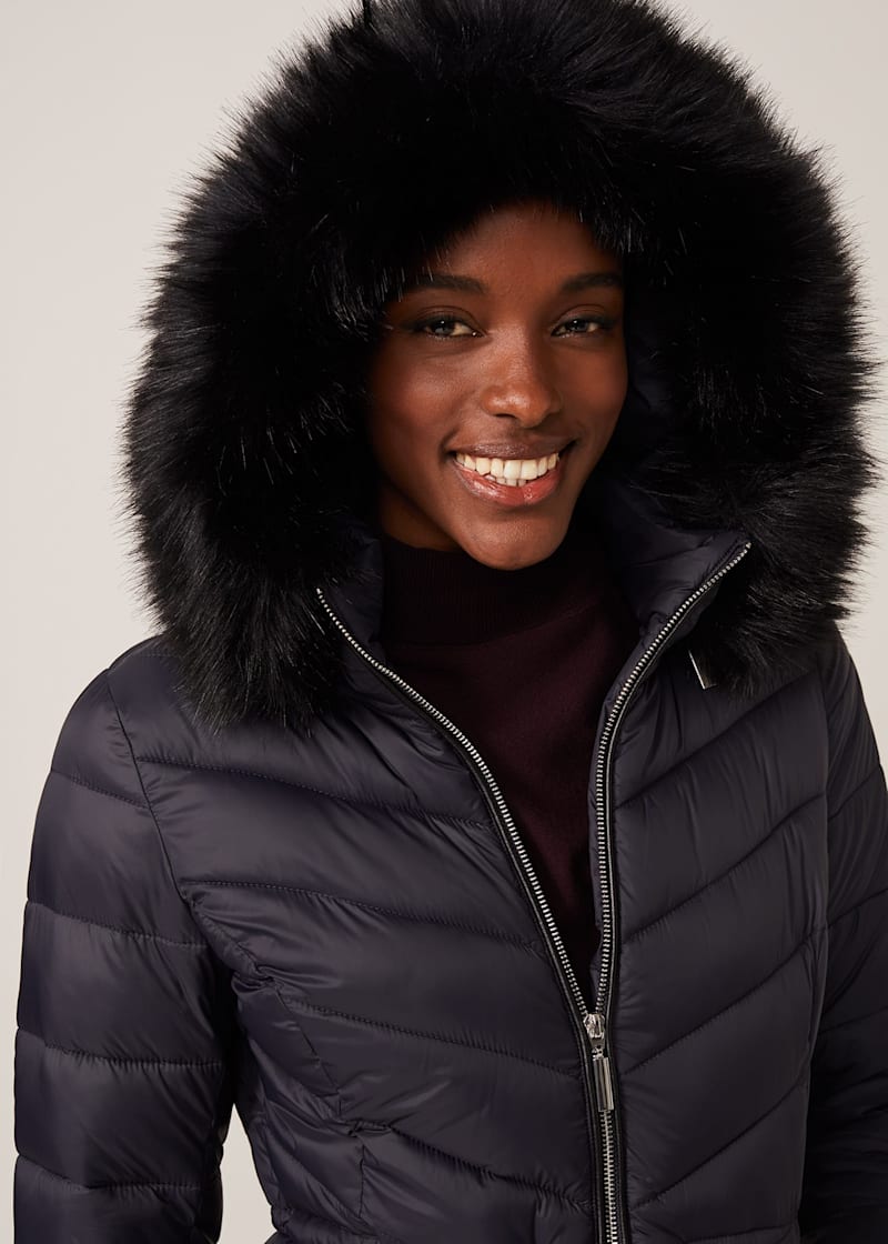 Black high shine puffer jacket with fur hot sale hood