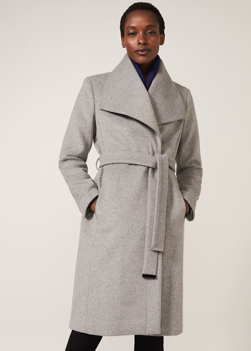 Belted grey coat in wool