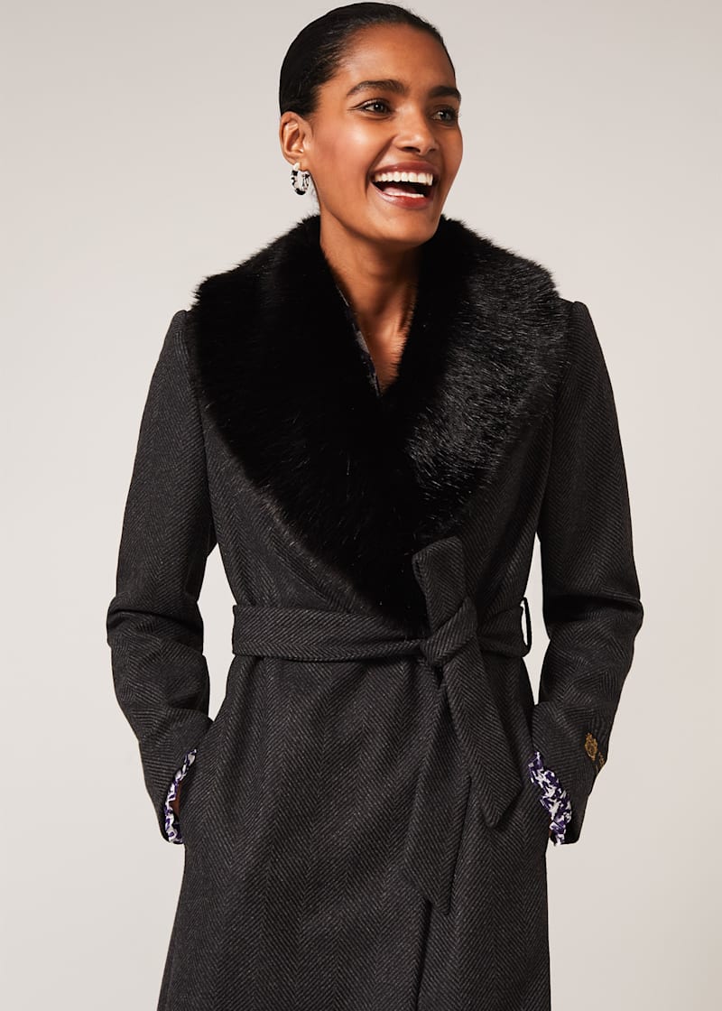 Wool trench coat with fur collar on sale
