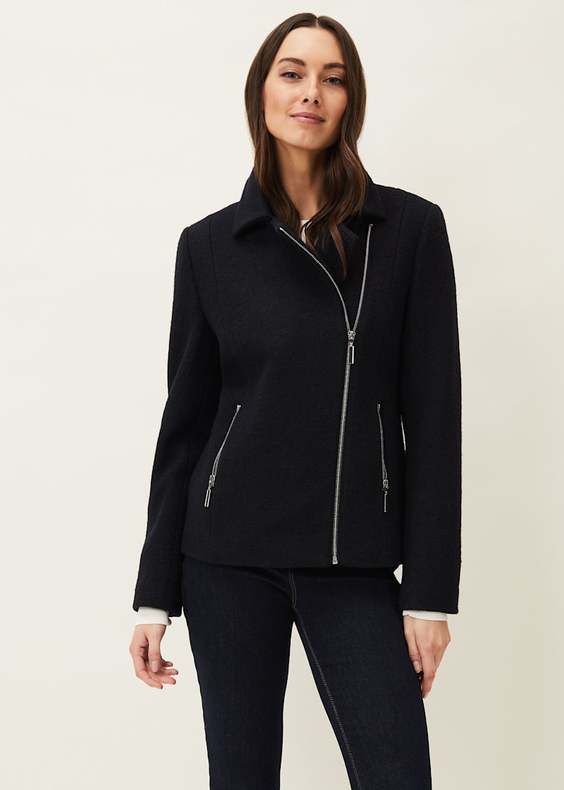 Asymmetrical zip boiled wool blend coat deals