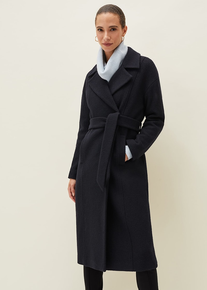 Black wrap wool coat womens sale