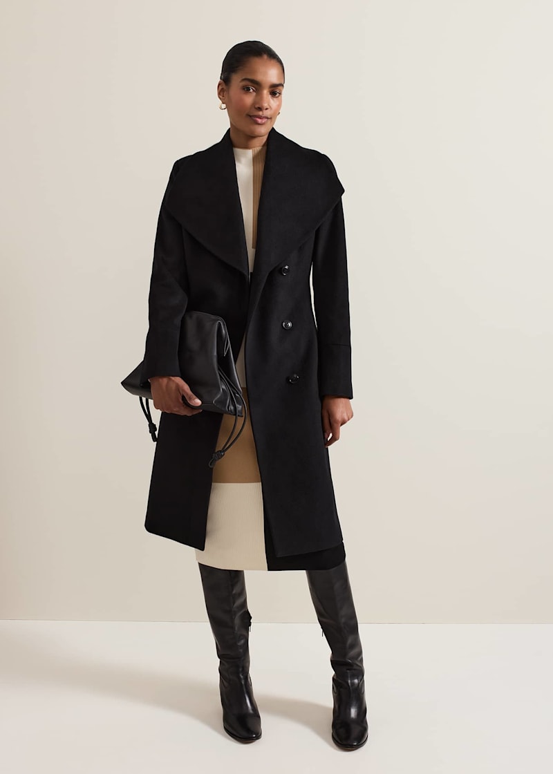 Long belted sales black coat