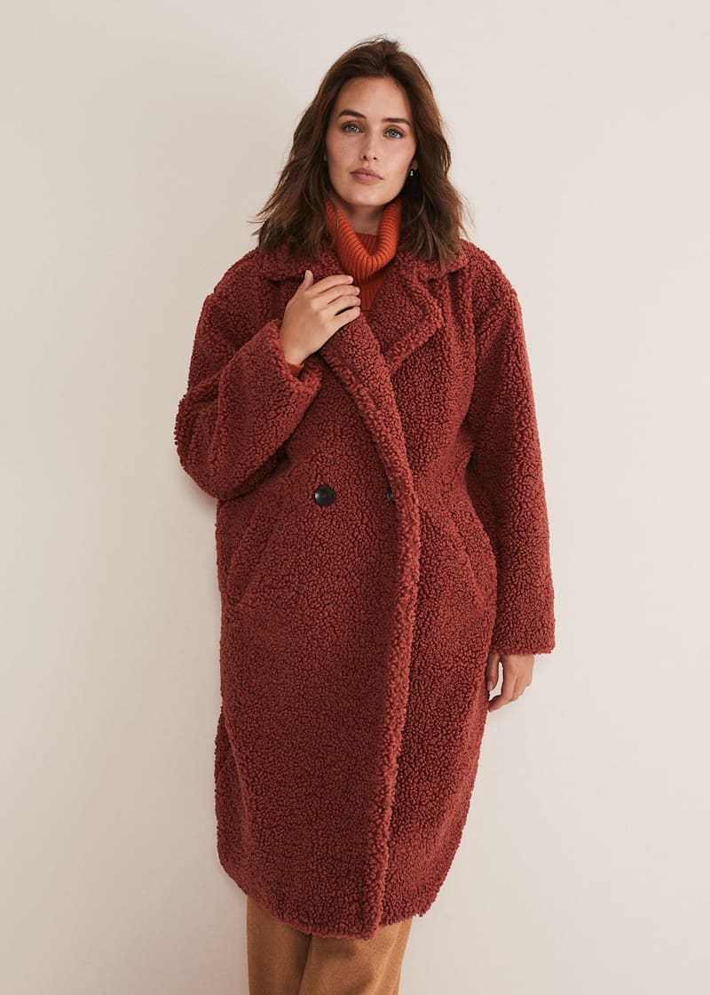Bershka check teddy longline coat hotsell