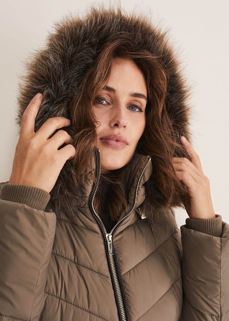 High shine hooded padded coat with faux fur trim on sale